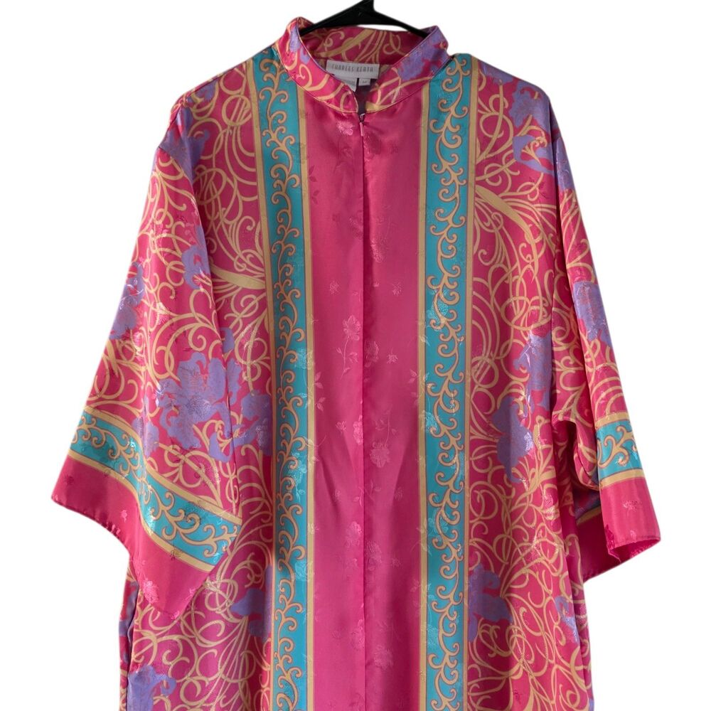 Vintage Charles Keath Kimono Caftan Long Robe Size M Floral Maxi Dress Zip Front - Picture 3 of 13